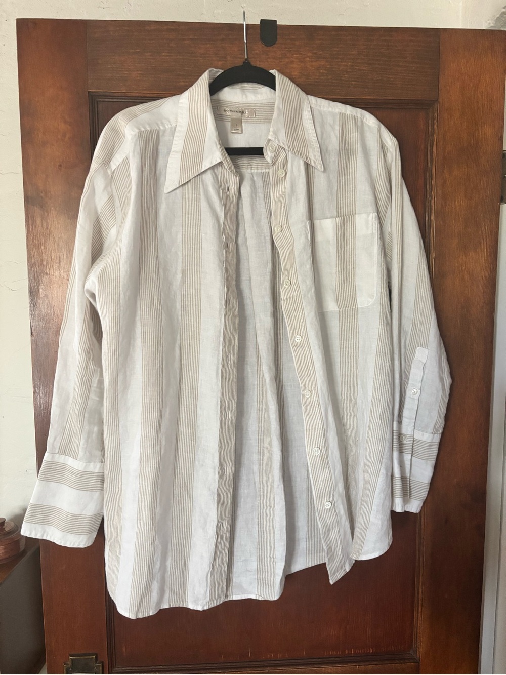 Banana Republic Striped Button-Up Linen Blouse in White and Tan